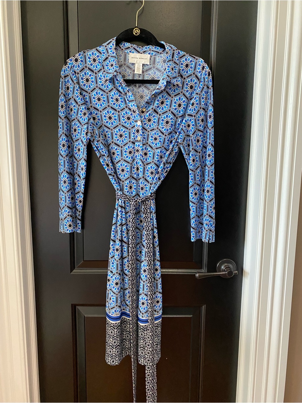 Donna Morgan Blue & Black Geometric Print 3/4-Sleeve Optional Tie Waist Dress